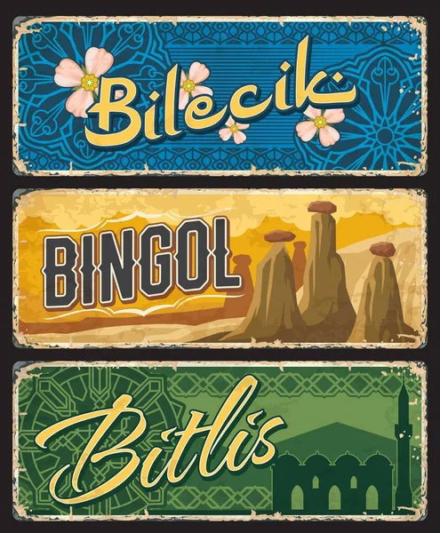Bilecik Bingol Bitlis Turquie Provinces Assiettes Vintage Plaques Bannières Emblématiques — Image vectorielle