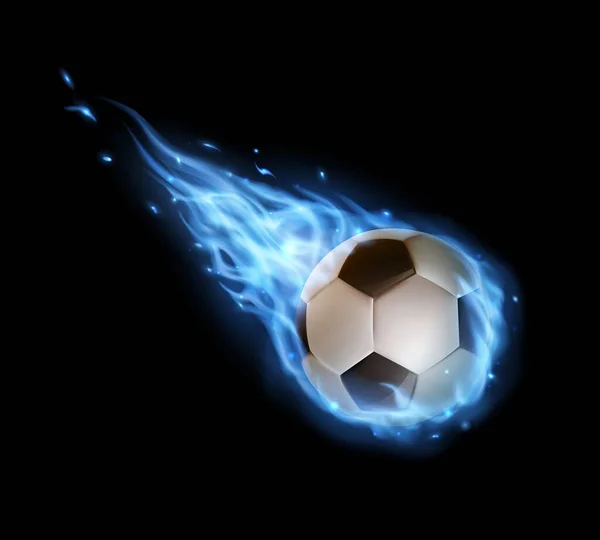 青い火の道でサッカーボールを飛んで ベクトルサッカーボールが炎に落ちるか 舌で炎 現実的な3Dスポーツ在庫 競争やトーナメントのプロモーション 孤立したスポーツデザイン要素 — ストックベクタ