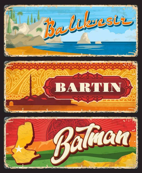 Balikesir Bartin Batman Províncias Turquia Placas Vintage Banners Placas Grunge — Vetor de Stock