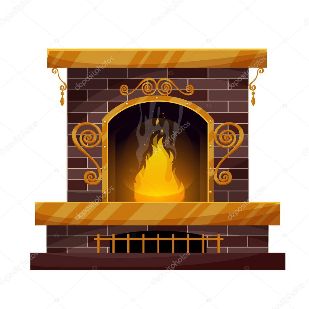 Home interior brick fireplace with burning fire, forgery decor and grating. Vector traditional indoors chimney, vintage fireside, heating system, cartoon design element isolated on white background