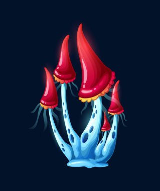 Ormandaki sihirli kırmızı mantarlar, zehirli manita, vektör karikatür ikonu. Amanita ya da mantar mantarı, parlak zehirli ve halüsinojenik veya halüsinojenik cadı mantarı.