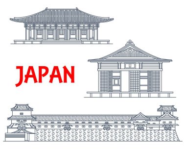 Japon seyahat simgeleri, tapınak binaları, Buda mimarisi, vektör çizgisi simgeleri. Japon Shinto tapınakları Toshodai-ji ve Fuku-ji tapınakları Nara ilinde ve Kanazawa Kalesi Ishikawa 'da.