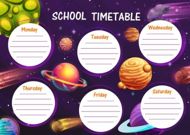 Çizgi film gezegenleri okul zaman çizelgesi çocuk eğitiminin vektör tasarımı. Öğrenci takvimi ya da ders çizelgesi, haftalık planlayıcı ya da çalışma planı fantezi galaksisinin arka planı, yıldızlar, göktaşları