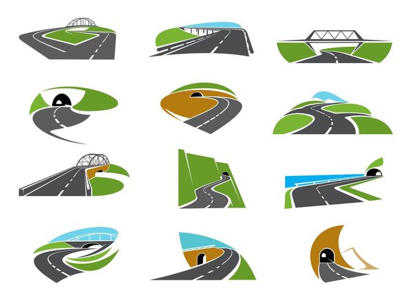 Шоссе, дорожные иконки с мостом, перекрестком и туннелем. Асфальтовая автомагистраль, векторная развязка на горном шоссе с перекрестками и поворотами. Транспортная промышленность, путешествия или символы расы