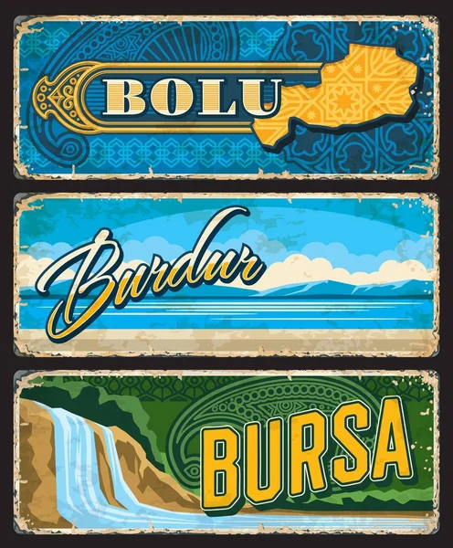Bolu Burdur Bursa Províncias Turquia Placas Vintage Bandeiras Vetor Marcos — Vetor de Stock