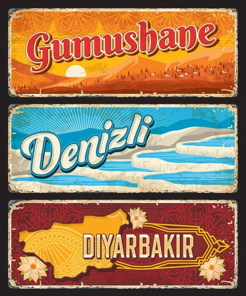 Gumushane Denizli Και Diyarbakir Επαρχίες Τουρκίας Vintage Plates Banners Vector — Διανυσματικό Αρχείο