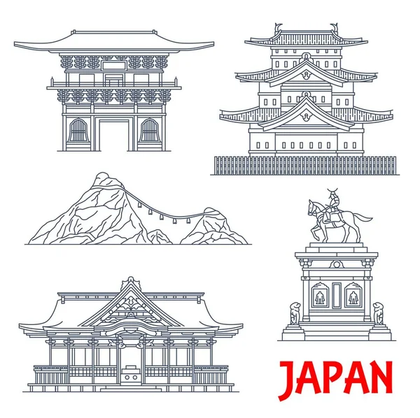 Japon mimarisi, tapınaklar, Japonya tapınak evleri, vektör inşa ikonları. Japonya 'nın Tosho-ji Tapınağı, Osaki Hachimangu Tapınağı ve Aomori' deki Hirosaki Kalesi 'nin ünlü dini simgeleri.