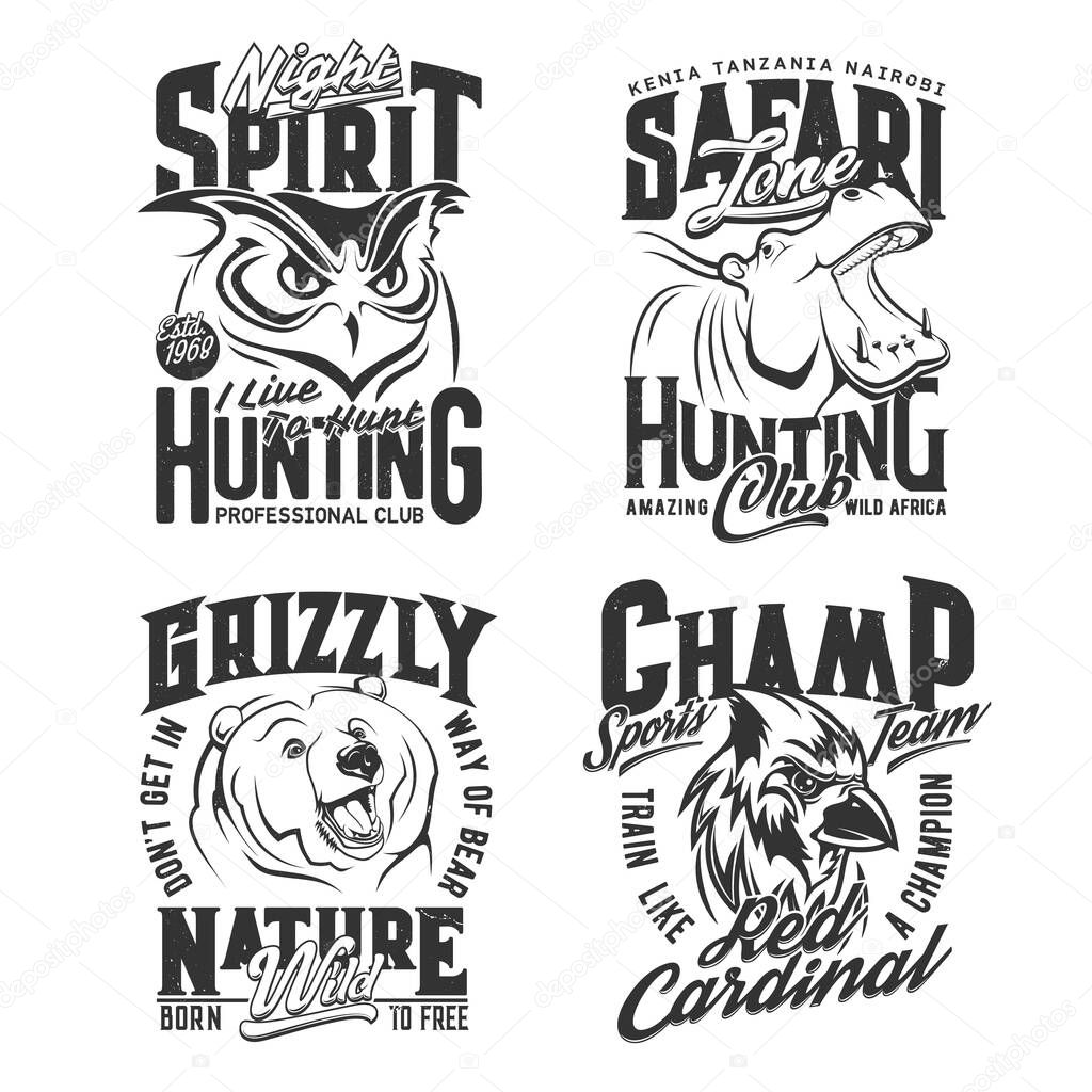 Hunting shirt prints, safari hunter and sport club vector icons. Mountain and African adventure safari hunt for hippopotamus and grizzly bear animal, sport team champion training badge, cardinal bird