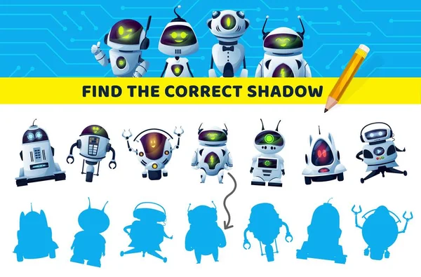 Encontrar Sombra Robot Correcta Juego Niños Rompecabezas Actividad Del Cerebro — Vector de stock