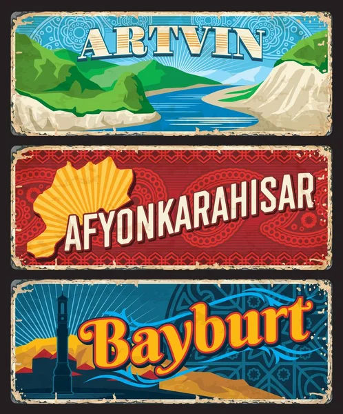Artvin Afyonkarahisar Bayburt Επαρχίες Τουρκίας Vintage Plates Banners Vector Παλαιωμένες — Διανυσματικό Αρχείο