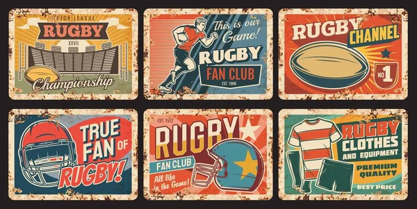 Rugby Sport Vector Placas Metal Oxidado Jugador Ejecutar Con Pelota — Archivo Imágenes Vectoriales