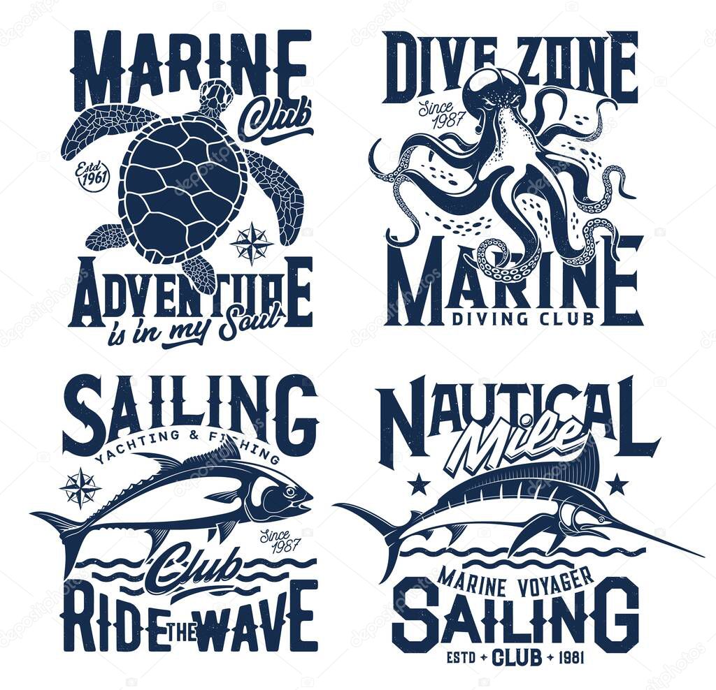 Nautical marine t shirt prints with sea waves, ocean club vector icons. Diving, sailing and yachting club emblems with turtle, octopus and tuna fish, navy blue nautical t-shirt prints for yacht sport