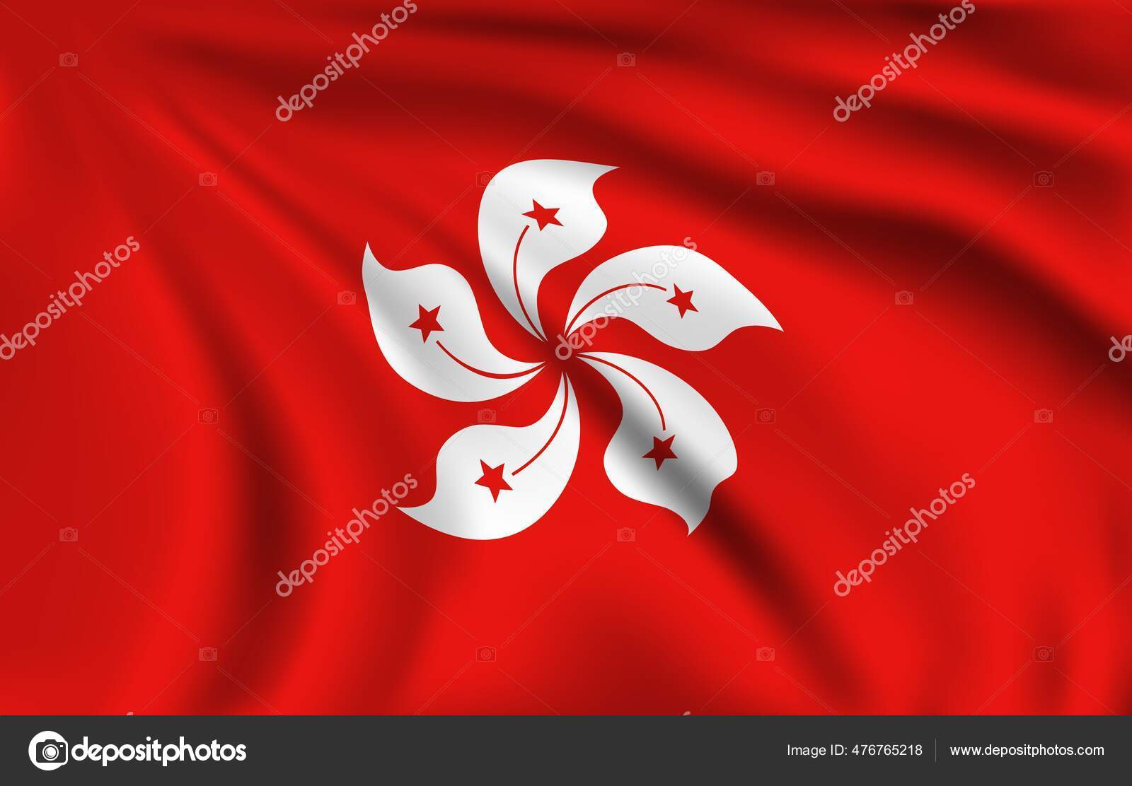 香港国旗现实的矢量皱纹或折痕香港的标志与紫荆花白色的花和星星在红色的背景中国特别行政区旗图库矢量图作者：© Seamartini 476765218