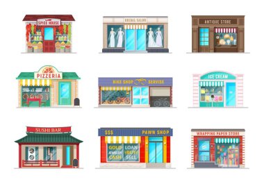 City street shops cartoon buildings. Vector spice house, bridal salon and pizzeria cafe, antique store, bike service and ice cream gelateria, sushi bar, pawn shop and wrapping paper store facade clipart