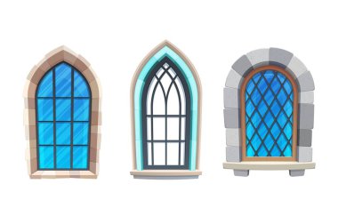Ortaçağ kalesi ya da kale penceresi. Kilise, katedral ya da tapınak dış unsurları, gotik mimari karikatür vektör pencereleri, metal, ahşap çerçeveler ve taş duvarcılık.