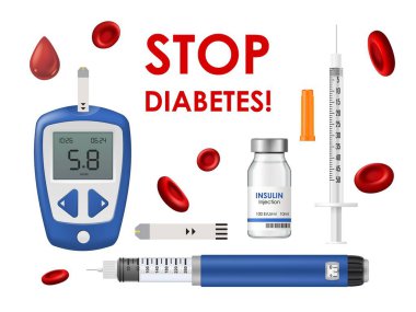 Diyabet hastalığı, glukometre, insülin ve şırınga test şeridi, kan hemoglobini hücreleri veya düşüşü. Kan ve hastalık tedavisinde glikoz ölçümü için diyabet ilaçlarını durdurun.