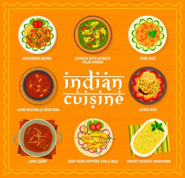 Hint mutfağı menü vektör şablonu. Yoğurtlu tatlı Shrikhand, kızarmış biber Chili Bajji ve limonlu pirinç, mantarlı bhuna, körili kuzu eti ve köfteli gushtaba, ıspanaklı tavuk Palak Murgh