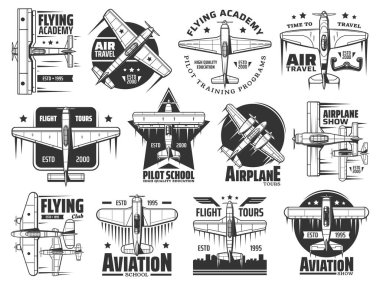 Uçan akademi ya da pilot okul ikonları seti. Hava yolculuğu, uçak gösterisi ve havacılık kursları eğitim programı amblem ya da rozet. Tarihsel çift düzlem ve tek düzlem, retro pervane uçak vektörü