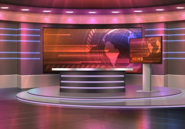 Flaş haber stüdyosunun gerçekçi iç mekanı. Televizyon programı, kürsü, kürsü, masa ve büyük ekranları olan haber yayın odası, dünya küresi olan ekranlar. Modern medya, gazetecilik geçmişi