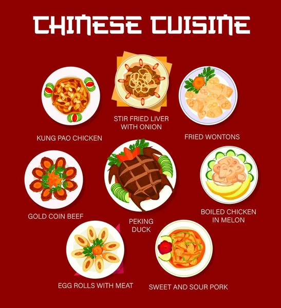 Китайские Блюда Блюда Азиатской Кухни Меню Векторный Обед Ужин Блюда — стоковый вектор