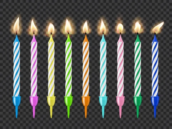 Candele Della Torta Compleanno Fiamma Fuoco Lume Candela Candele Colorate — Vettoriale Stock