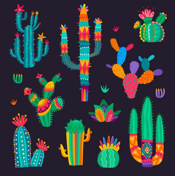 Cartoon Mexicaanse Cactus Bloemen Woestijn Sappige Set Vector Cactussen Kleurrijke — Stockvector