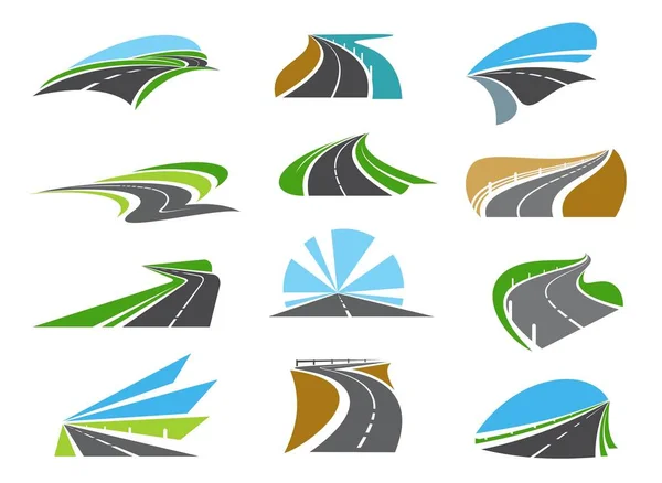 Autopista Carretera Iconos Carreteras Con Bordes Carreteras Barandillas Calzada Sinuosa — Vector de stock