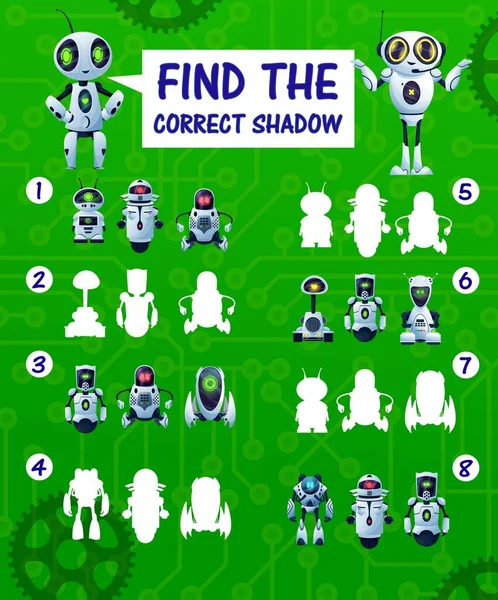 正しいロボットの影の子供の謎を見つけます 漫画のサイボーグシルエットとベクトルマッチゲーム 子供のロジックテストアンドロイドと人工知能ボットで マインド開発のための教育課題 — ストックベクタ