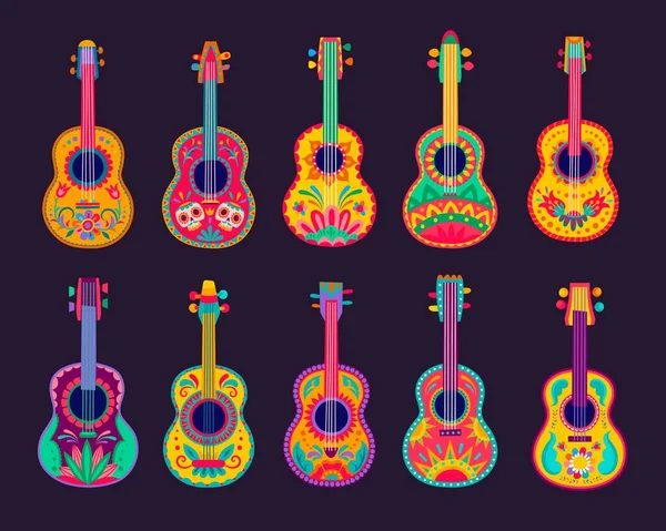 Cartoon Μεξικάνικες Κιθάρες Vector Latin Μουσικά Όργανα Μουσικών Μαριάτσι Φωτεινά — Διανυσματικό Αρχείο