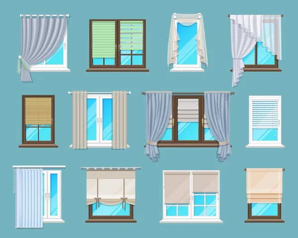 Inicio Oficina Persianas Interiores Ventana Cortinas Cortinas Conjunto Revestimientos Ventanas — Archivo Imágenes Vectoriales