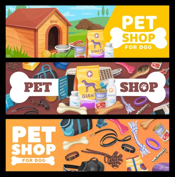 Pet Shop Banners Dog Pet Care Items Toys Vector Promo — Stock Vector