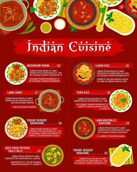 Индийская Кухня Ресторан Шаблон Меню Грибная Буна Фрикадельки Баранины Гуштаба — стоковый вектор