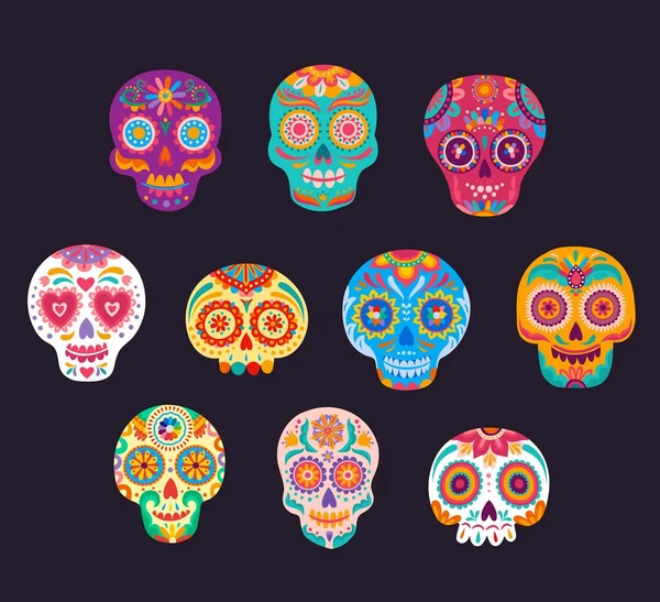 Mexicaanse Calavera Cartoon Suiker Schedels Vector Set Dia Los Muertos — Stockvector