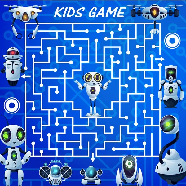 Kinderen Labyrint Doolhof Spel Cartoon Robots Vector Bordspel Vind Juiste — Stockvector