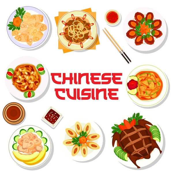 Çin Mutfağı Menüsünde Asya Yemekleri Tabaklar Var Geleneksel Yemeklere Yön — Stok Vektör