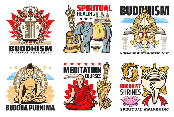 Buddhismus Religionsikonen Buddha Purnima Und Meditationskurse Embleme Kalachakra Symbol Elefant — Stockvektor