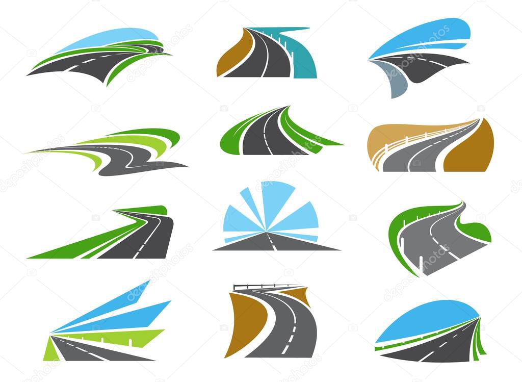 Freeway, highway road icons with roadsides and guardrails. Winding driveway, winding motorway or coastal speed road. Road trip, transportation and logistics industry emblems