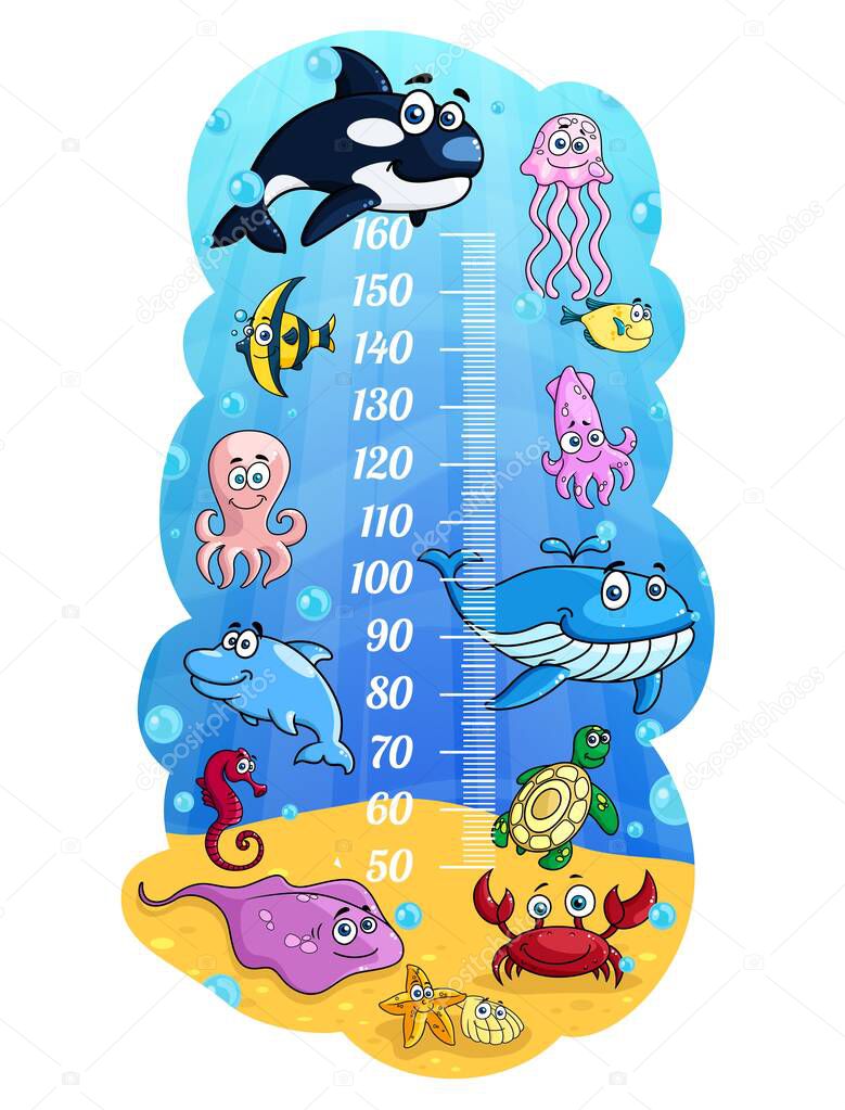 Kids height chart, cartoon sea animals growth measure meter with cute vector whale, fishes and octopus, jelly fish, squid and crab or shell. Wall sticker with scale for height measurement for children