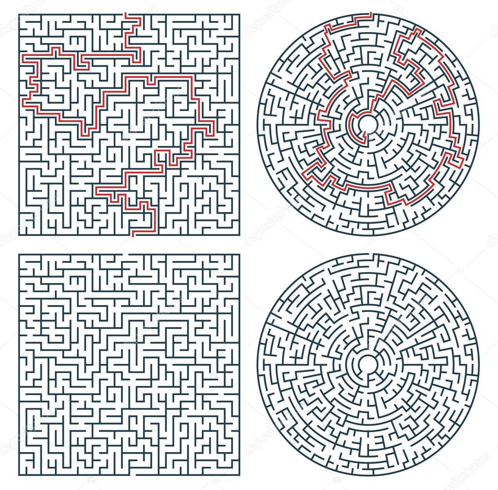 Labyrinth maze, logic game or quiz. Find way, path or exit searching riddle, kids education activity square and circle shape thin line vector template. Jigsaw puzzle, difficult maze with task solution