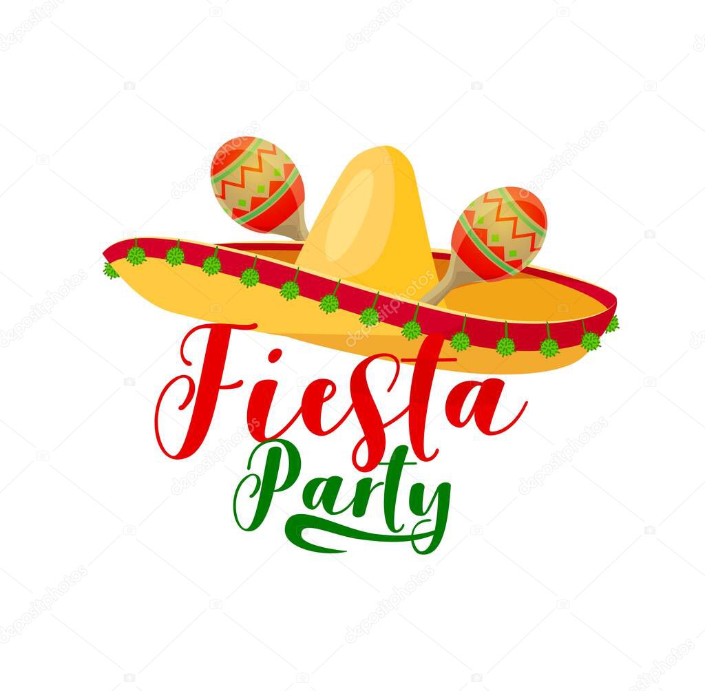Fiesta party, mexican sombrero with maracas. Holiday party in mexican style invitation, mexico culture festival or Cinco de Mayo day celebration event emblem with sombrero hat and music instrument