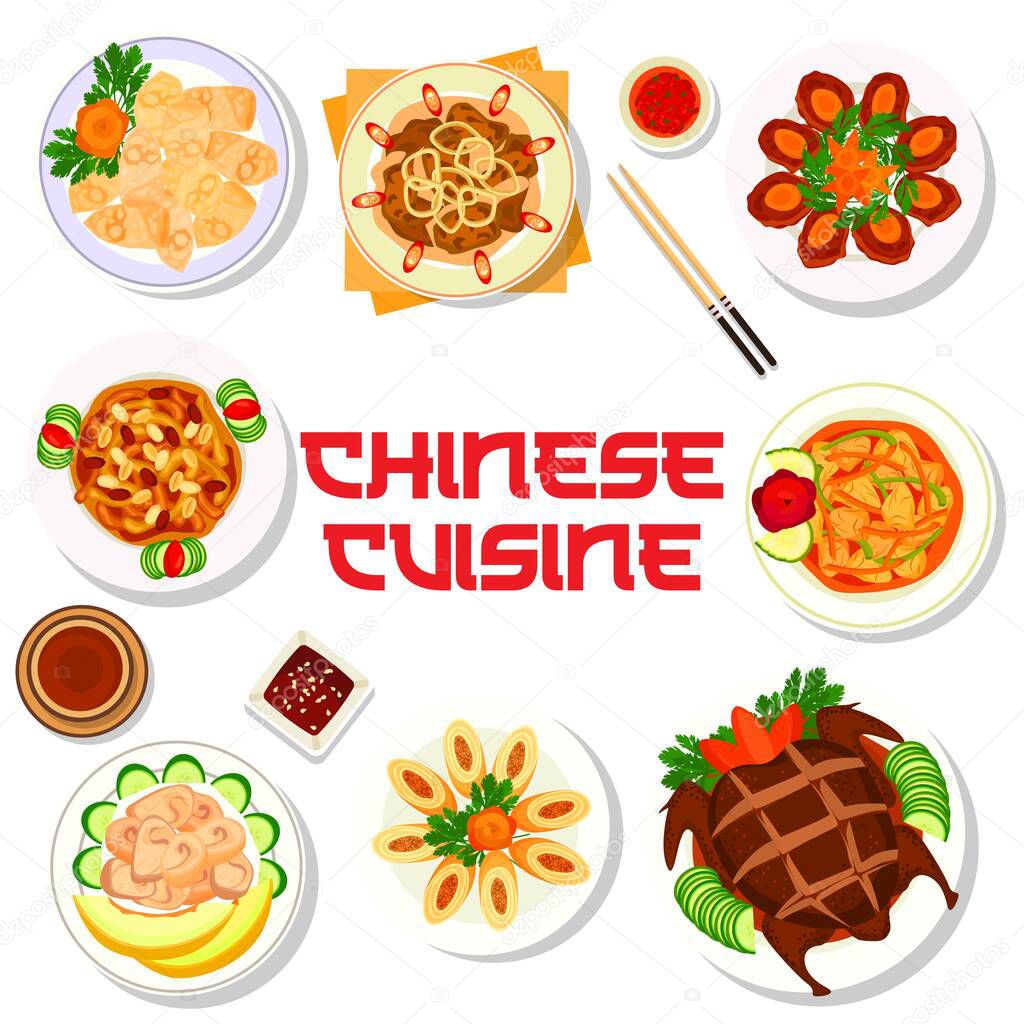 Chinese cuisine food menu with Asian dishes and plates, vector traditional meals. Chinese restaurant food menu cover with Peking duck and wonton dumplings, boiled chicken in melon and stir fried liver
