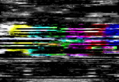 Arızalı dijital renk bozulması, çizgiler ve piksel gürültüsü. Geri sarma efektinin vektör VHS arka planı, televizyon sinyali hatası, televizyon ve video çökme kalıpları, arıza dokusu soyut arkaplan tasarımı
