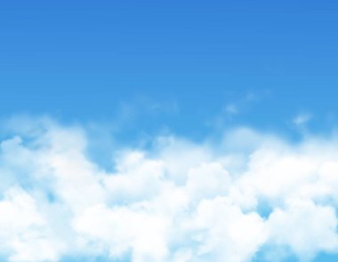 Gökyüzü bulutları ya da mavi cennetin sisli, buharlı ya da tüylü kümülüs bulutlu sis vektör tasarımı. Gökyüzü bulutlu arka plan veya güneşli hava bulutlu iklim, çevre ve doğa temaları