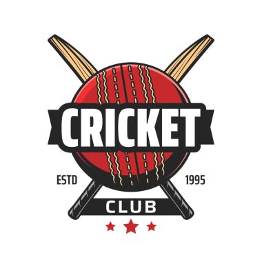 Kriket kulübü ikonu, sopa ve top oyunu vektör amblemi. Kriket şampiyonası, lig turnuvası ya da spor müsabakası, çapraz kriket sopaları ve kırmızı toplu oyun taraftarları kulübü retro etiketi
