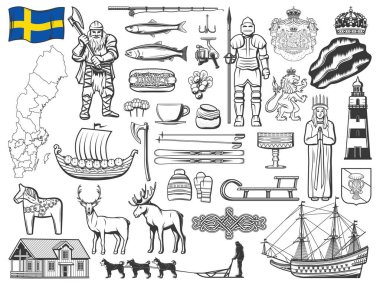 İsveç tarihi, doğa ve kültür sembolleri vektör simgeleri. İsveç bayrağı, Vasa arması ve gemi, kraliyet tacı, baltalı viking ve drakkar, Saint Lucia, deniz feneri ve kuzey ışıkları, balıkçı takımı