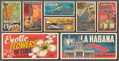 Küba seyahati retro pankartları, vektör mariposa çiçeği. Küba purosu, gitar, egzotik ada ve papağan haritası. Havana puroları ve Karayip adaları. Küba kahvesi, şeker, Havana mimarisi, anılar.