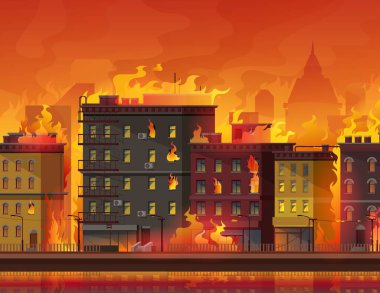 Şehirde yangın, şehir caddesinde yanan binalar. Doğal afet ya da felaket, savaş çatışması ya da iklim değişiklikleri vektör geçmişi. Apartmanlar ve gökdelenler alevler içinde, şehirde ateş fırtınası