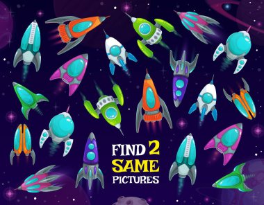 Uzay çocukları oyununda uzay gemileri, galakside mekikleri olan iki aynı roket vektör bilmecesini bulurlar. Çocuklar, yıldızlı gökyüzünde komik uzay gemileri olan eğitici bir test yapıyorlar. Zihin geliştirme için çizgi film çalışma tablosu