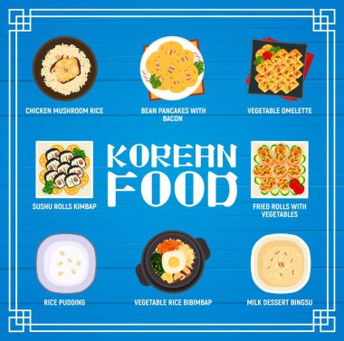 Kore mutfağı vektör menüsü tavuk mantarlı pilav, pastırmalı fasulyeli gözleme ve sebzeli omlet. Suşi, kimbap, sütlü puding, sebzeli pirinç bibibimbap ve Kore Bingsu yemekleri.