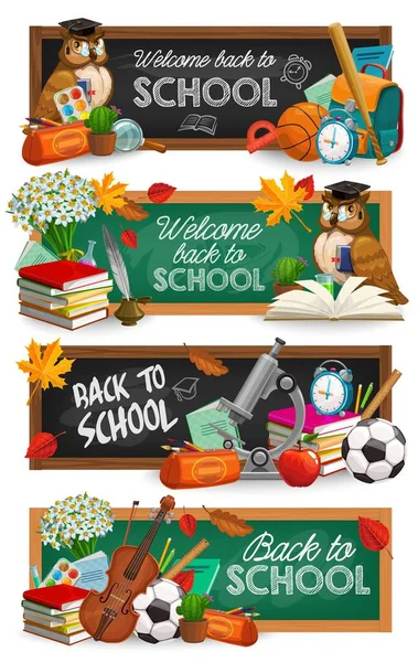 Back School Education Chalkboard Banners Cartoon Vector Owl Bird Cap — Vettoriale Stock